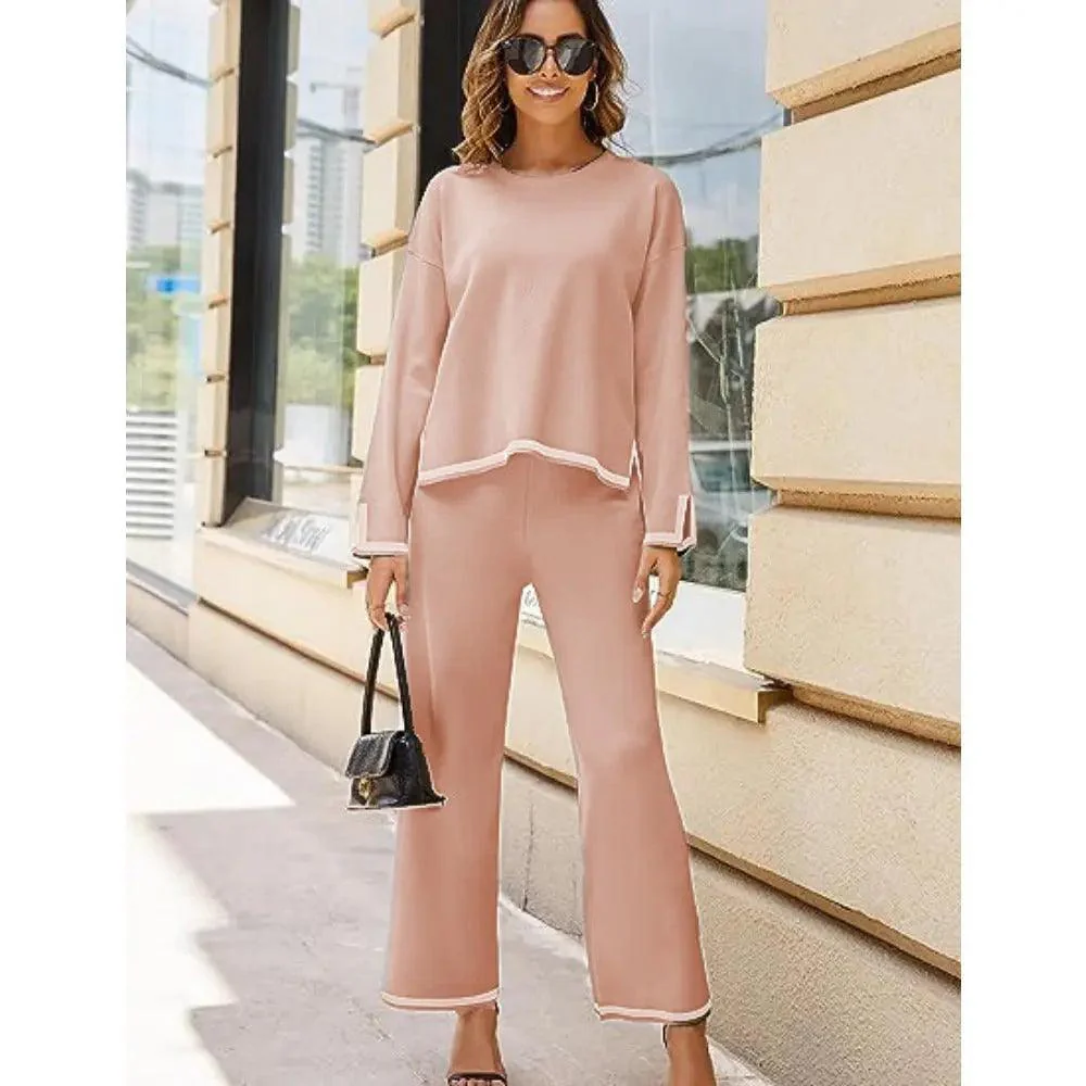 MS003 2 Piece Outfits Long Sleeve Knit Sweater Top Wide Leg Pants Lounge Sets - Image 16