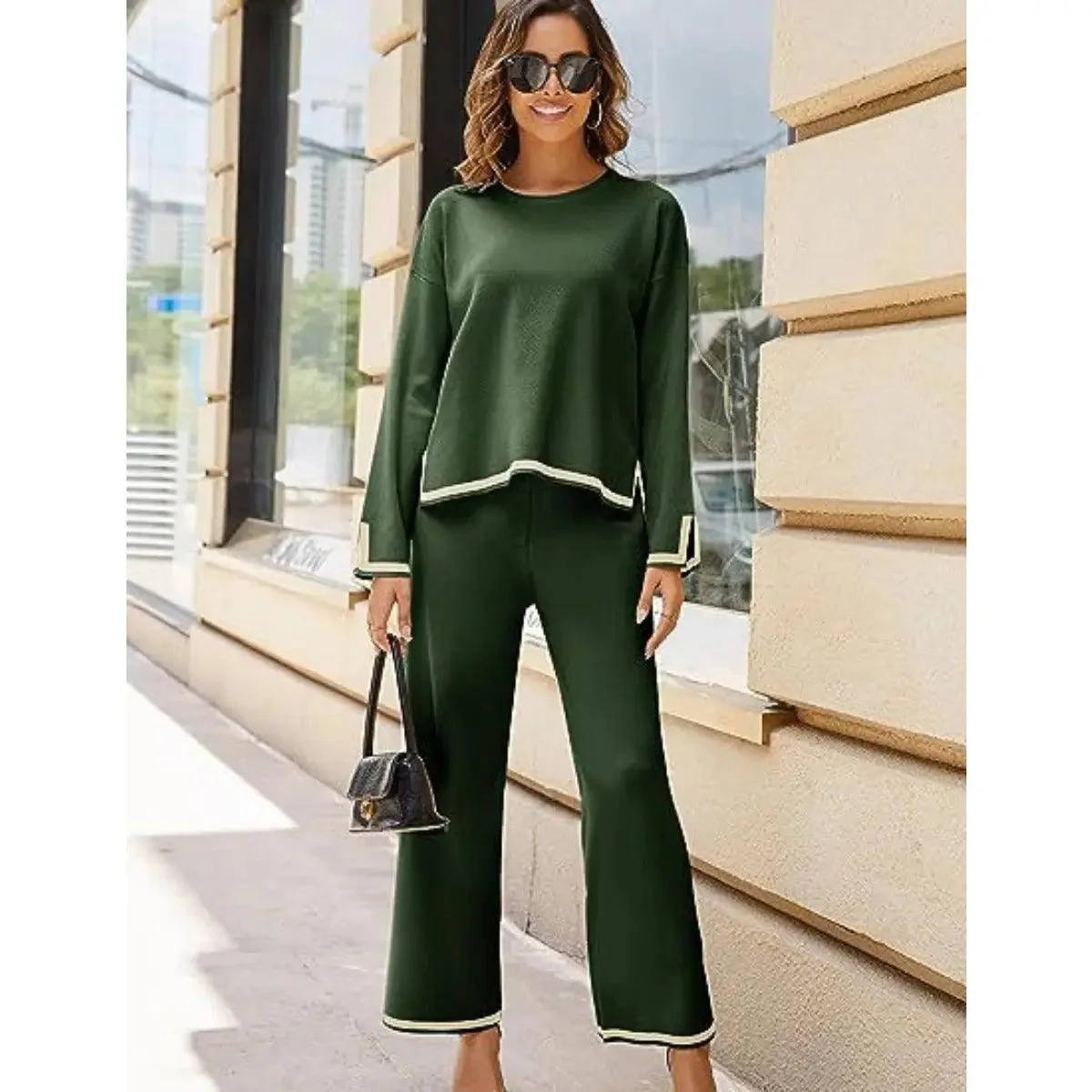 MS003 2 Piece Outfits Long Sleeve Knit Sweater Top Wide Leg Pants Lounge Sets - Image 7