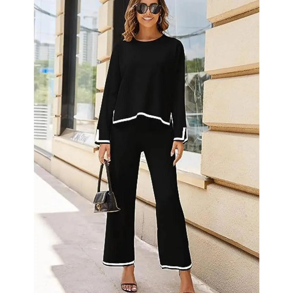 MS003 2 Piece Outfits Long Sleeve Knit Sweater Top Wide Leg Pants Lounge Sets - Image 8