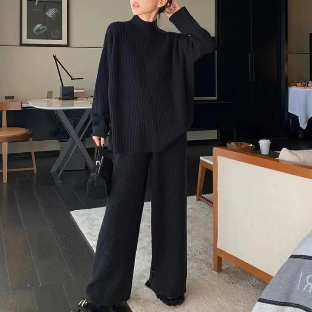 MS018 2 Piece Outfits Casual Loose Turtleneck Long Sleeve Knit Top and Wide Leg Pants - Image 12