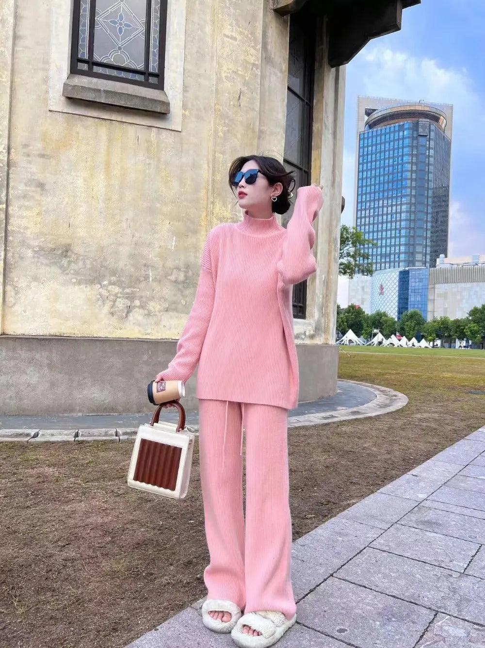 MS018 2 Piece Outfits Casual Loose Turtleneck Long Sleeve Knit Top and Wide Leg Pants - Image 13