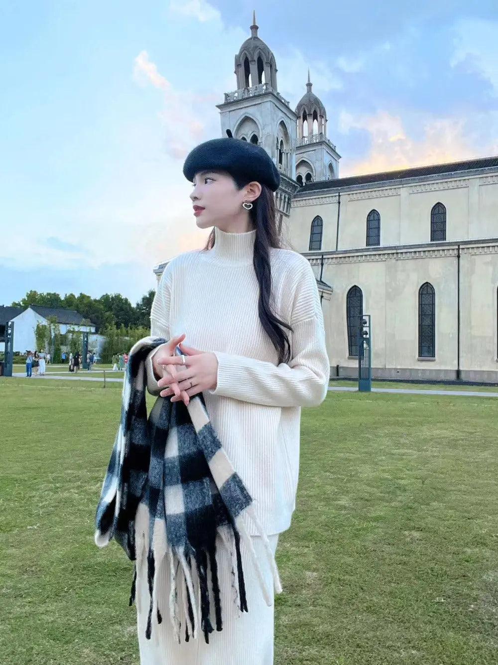 MS018 2 Piece Outfits Casual Loose Turtleneck Long Sleeve Knit Top and Wide Leg Pants - Image 15