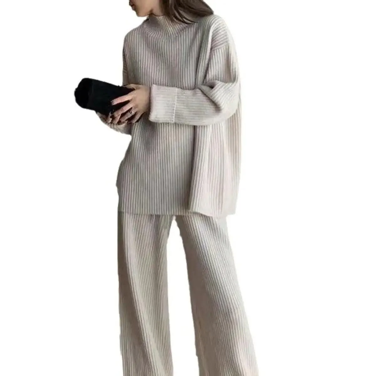 MS018 2 Piece Outfits Casual Loose Turtleneck Long Sleeve Knit Top and Wide Leg Pants - Image 5