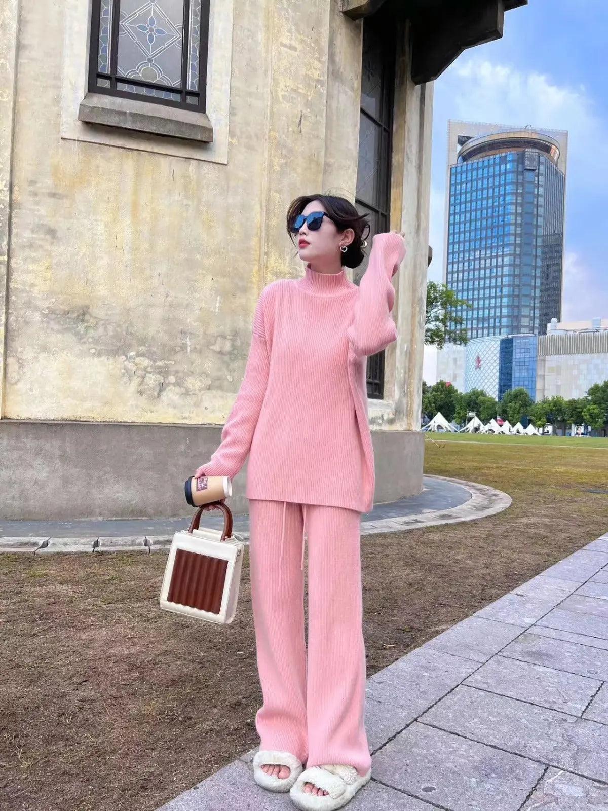 MS018 2 Piece Outfits Casual Loose Turtleneck Long Sleeve Knit Top and Wide Leg Pants - Image 8