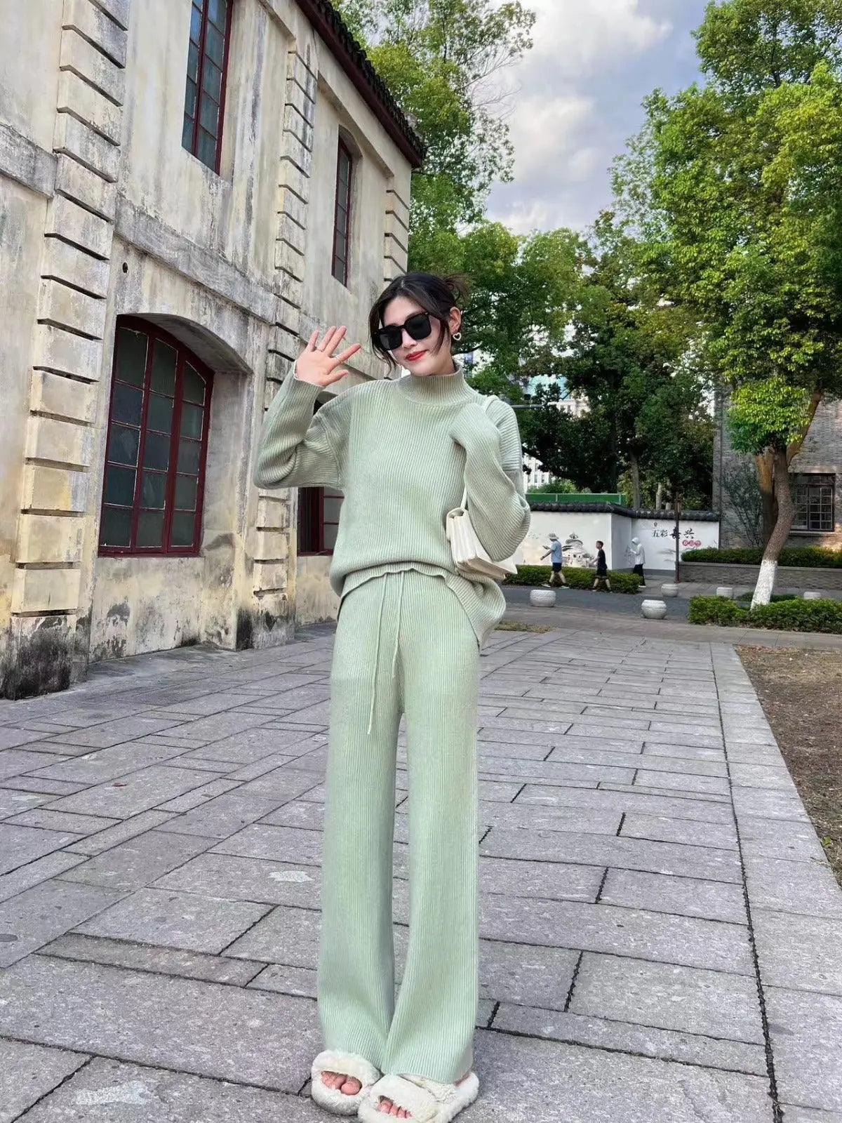 MS018 2 Piece Outfits Casual Loose Turtleneck Long Sleeve Knit Top and Wide Leg Pants - Image 9