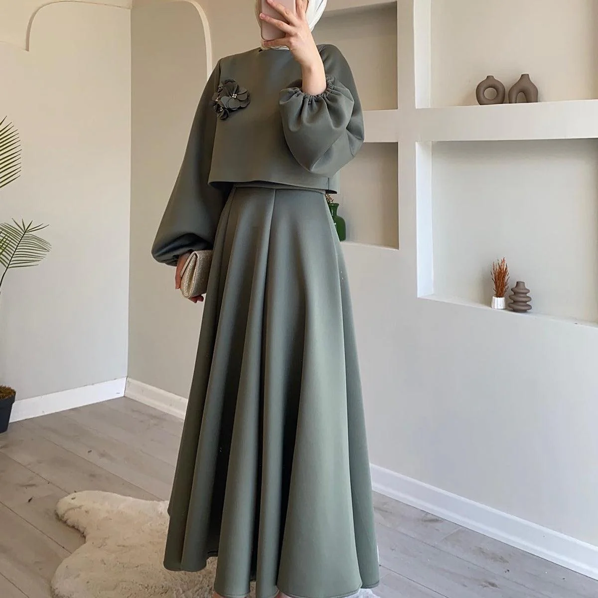 MS023 Floral Lantern Sleeve Loose Dress Women's Skirt Two-Piece Set - Image 10
