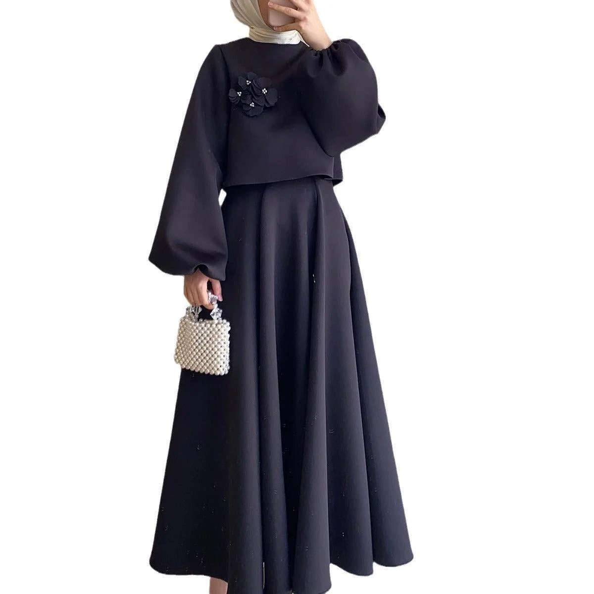 MS023 Floral Lantern Sleeve Loose Dress Women's Skirt Two-Piece Set - Image 5
