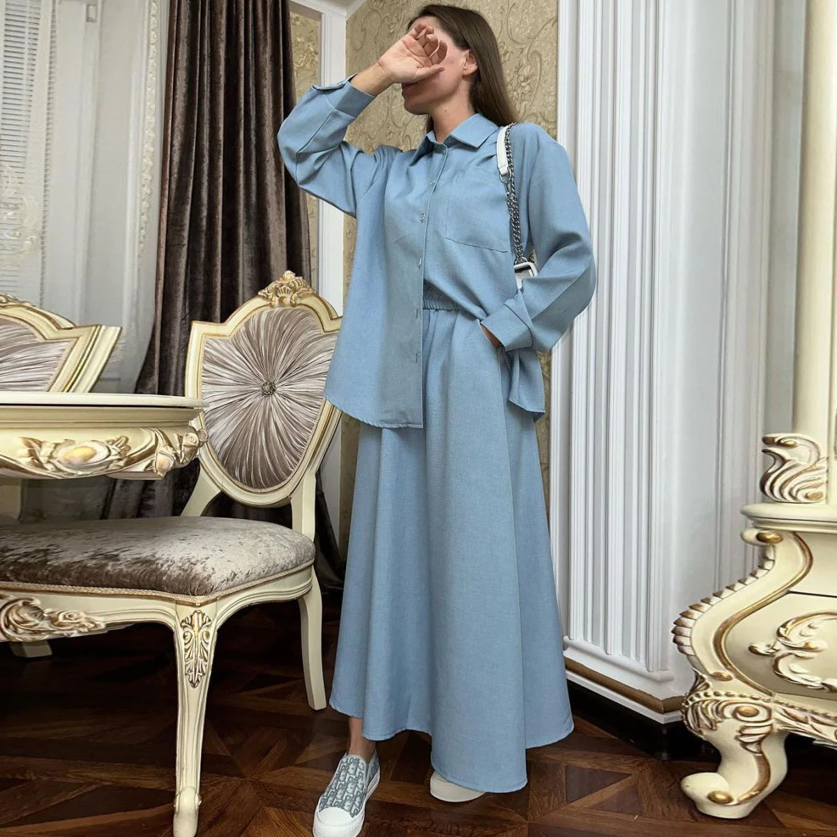 MS035 Long-Sleeved Shirt and Skirt Casual Suit - Image 3