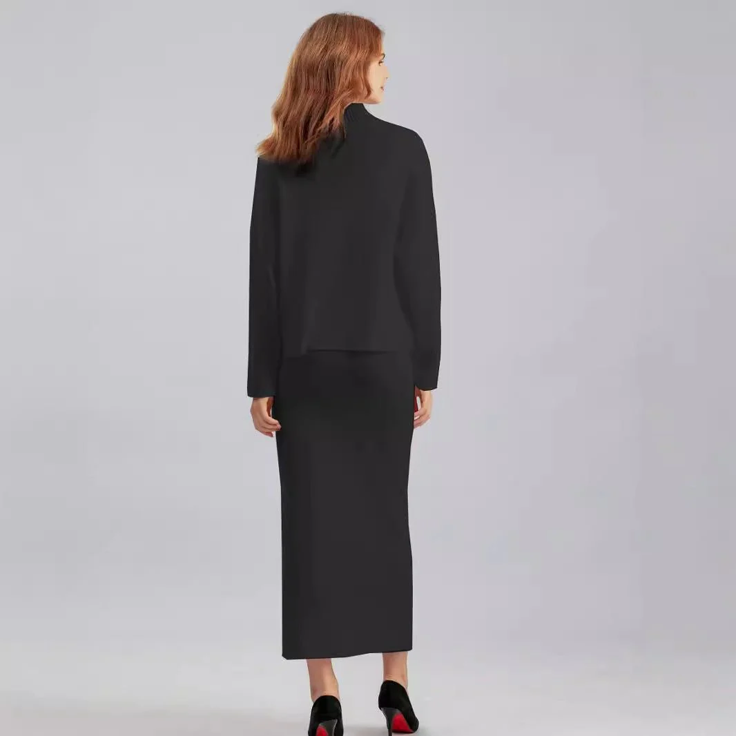 MS051 Loose And Stylish Round Neck Warm Casual Sweater Long Skirt 2-Piece Set - Image 4