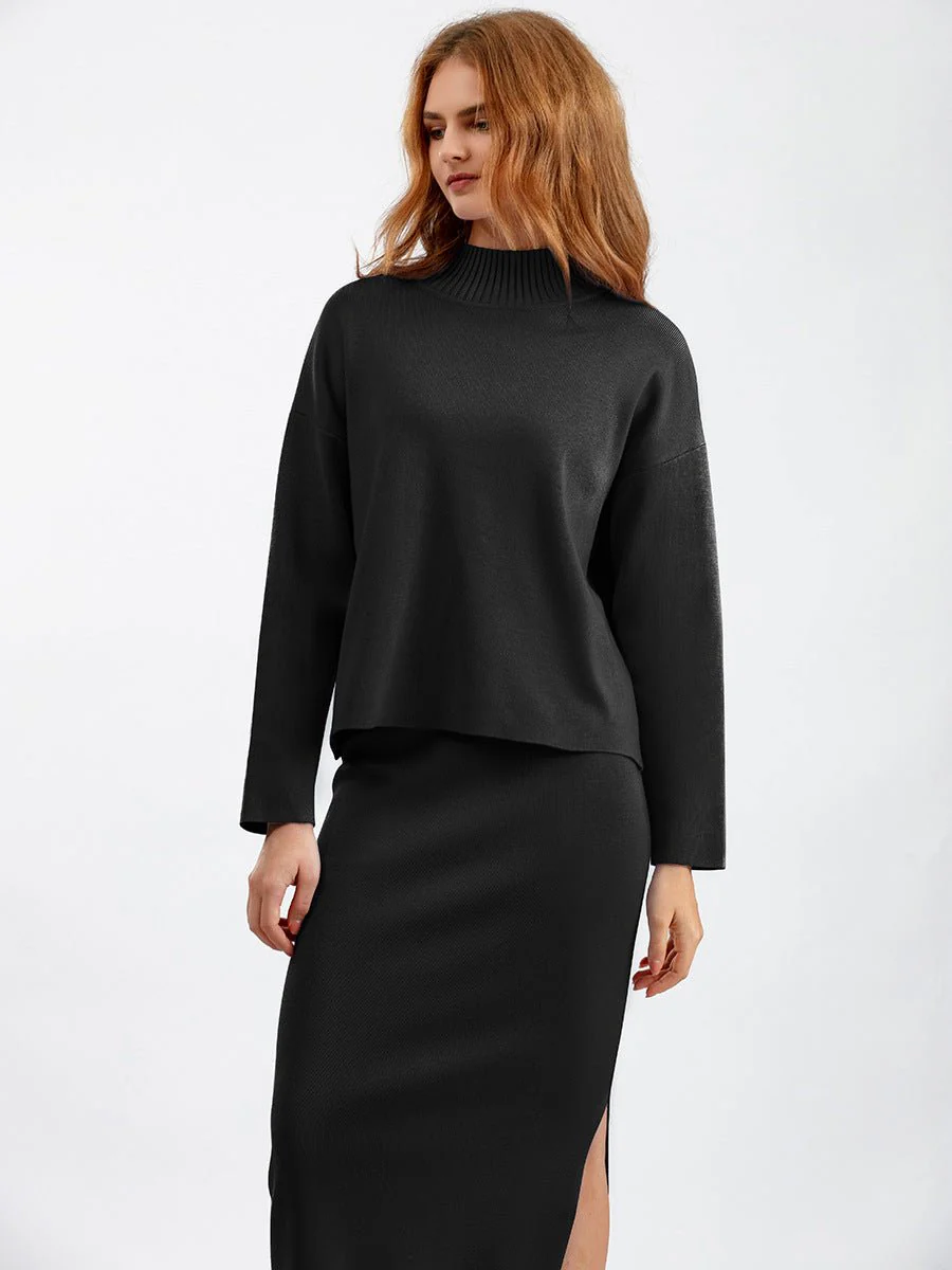 MS051 Loose And Stylish Round Neck Warm Casual Sweater Long Skirt 2-Piece Set - Image 5