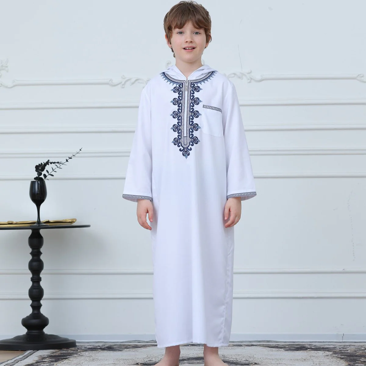 Muslim Boys Embroidered Hooded Thobe with Pockets (MKB014) - Image 11