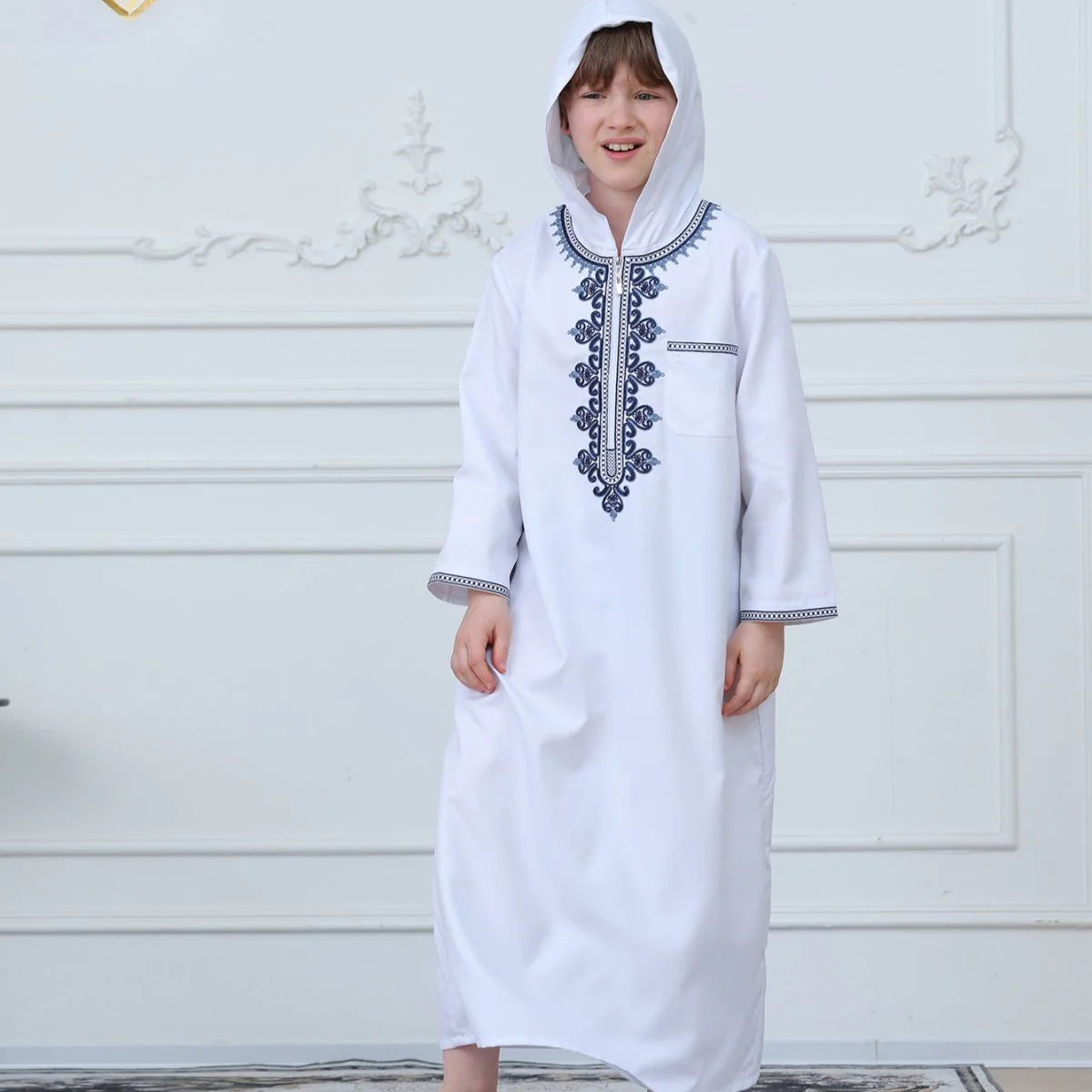 Muslim Boys Embroidered Hooded Thobe with Pockets (MKB014) - Image 4