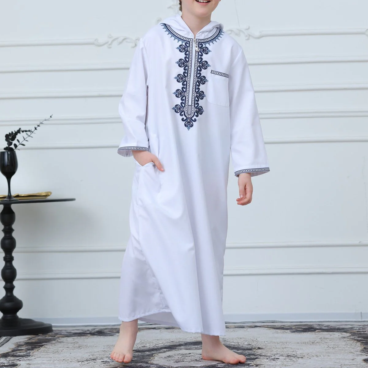 Muslim Boys Embroidered Hooded Thobe with Pockets (MKB014) - Image 5