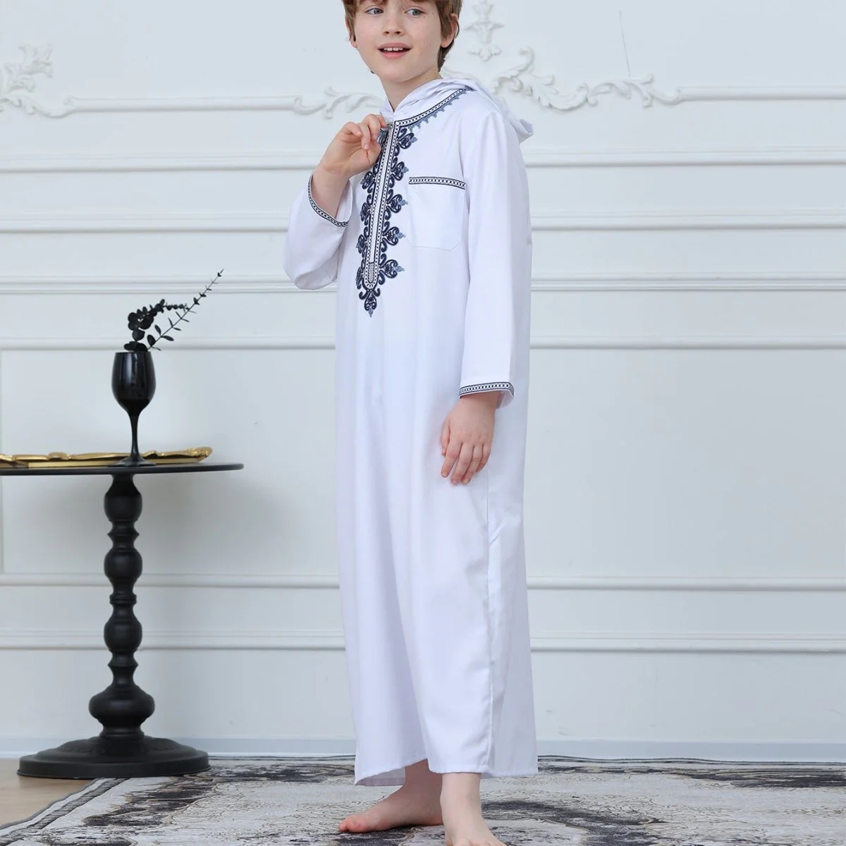 Muslim Boys Embroidered Hooded Thobe with Pockets (MKB014) - Image 6