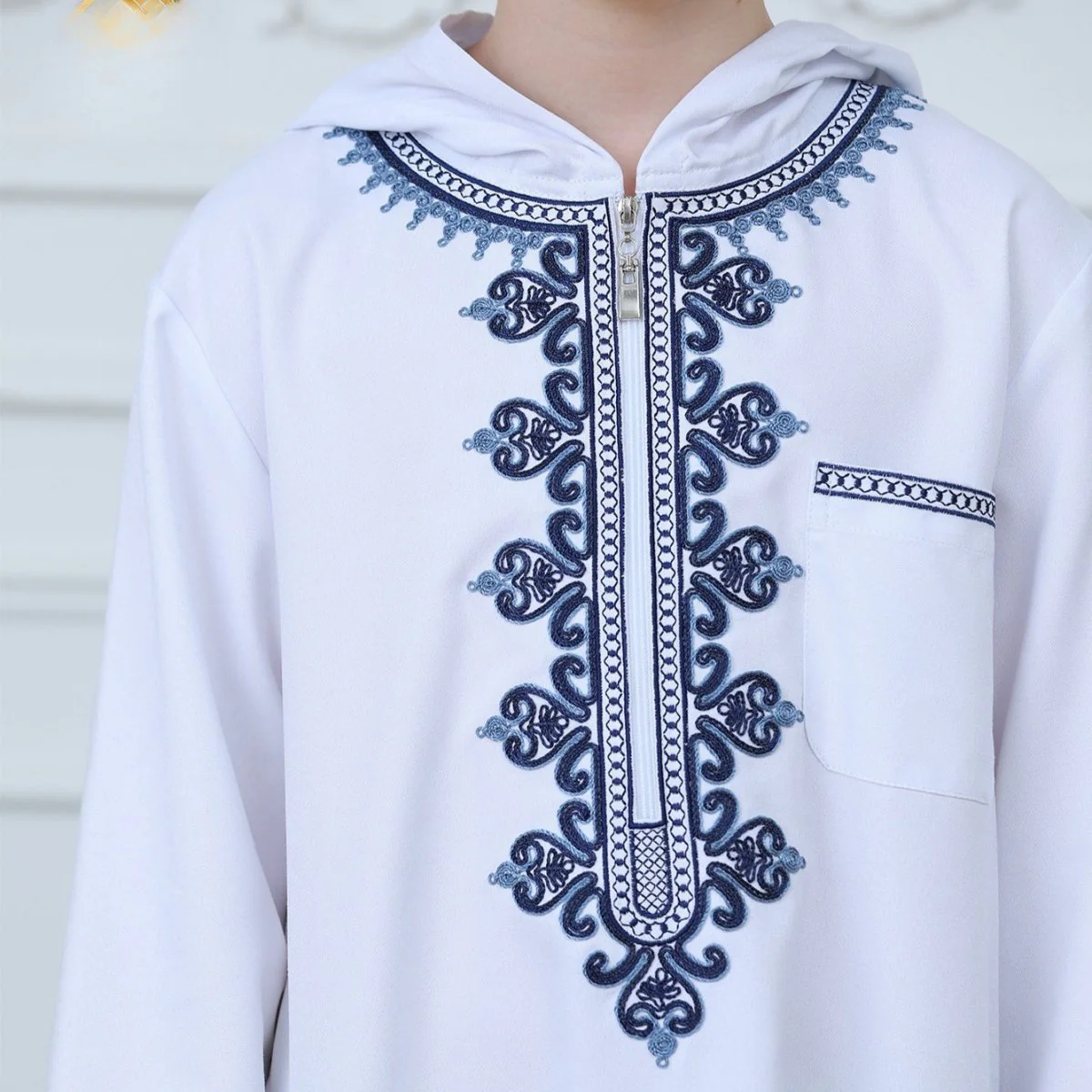 Muslim Boys Embroidered Hooded Thobe with Pockets (MKB014) - Image 7