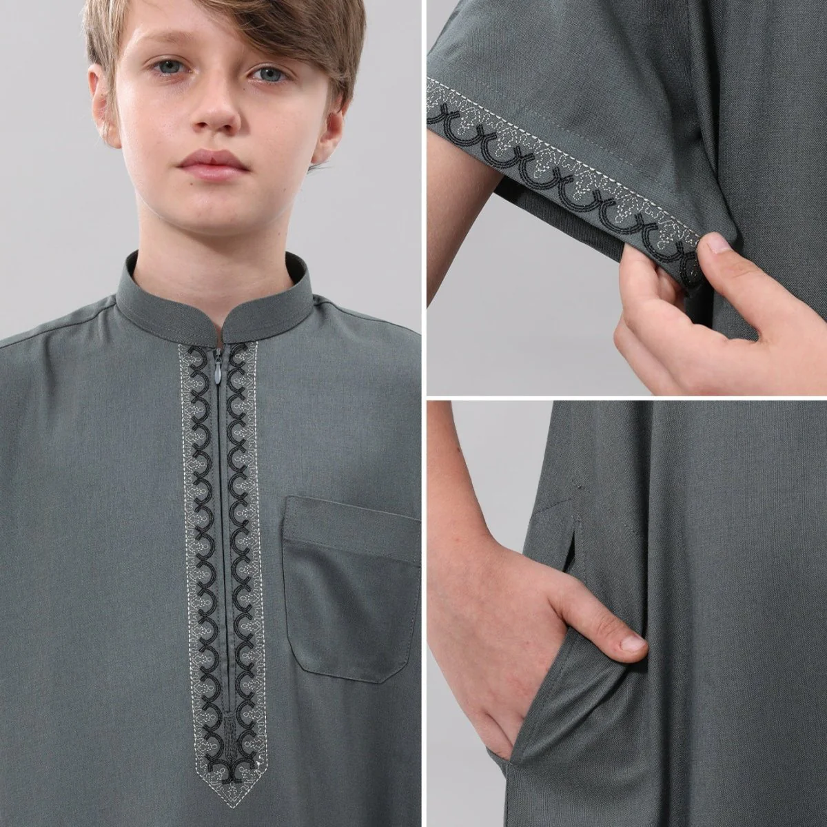 Muslim Boys Embroidered Thobe with Pockets (MKB013) - Image 10