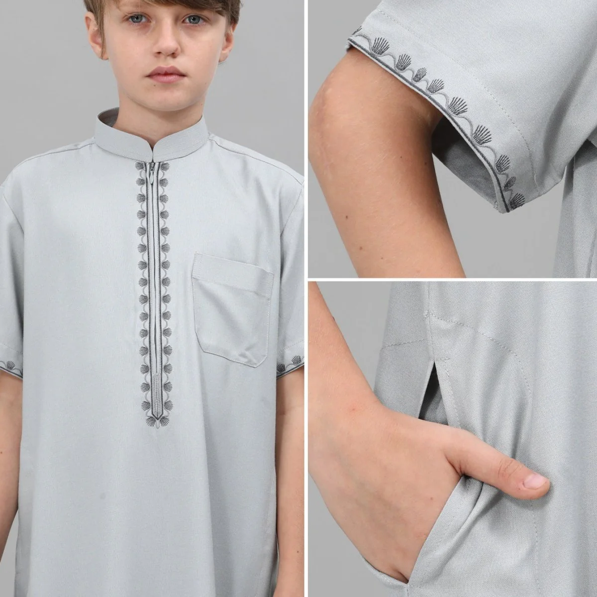 Muslim Boys Embroidered Thobe with Pockets (MKB013) - Image 14