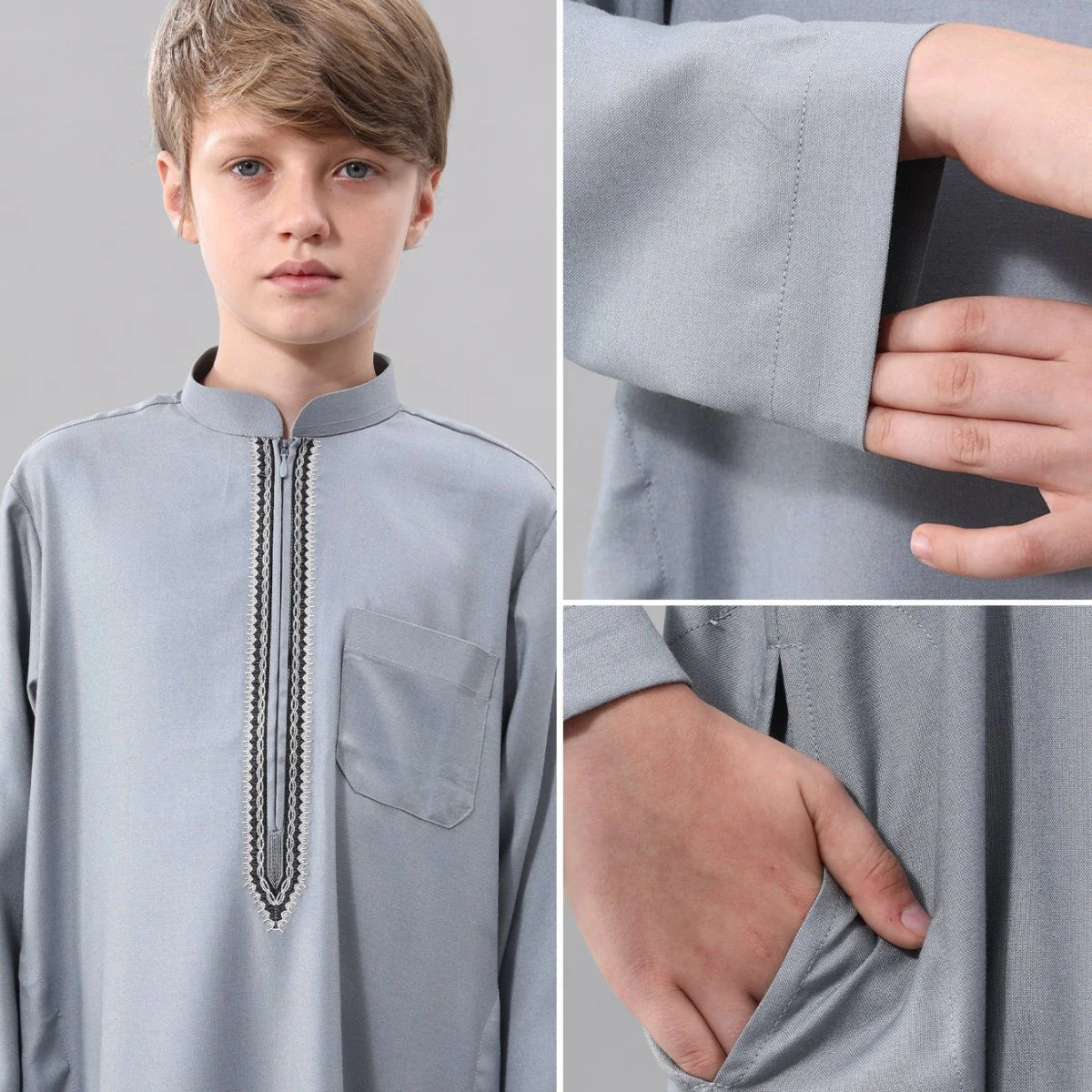 Muslim Boys Embroidered Thobe with Pockets (MKB013) - Image 18