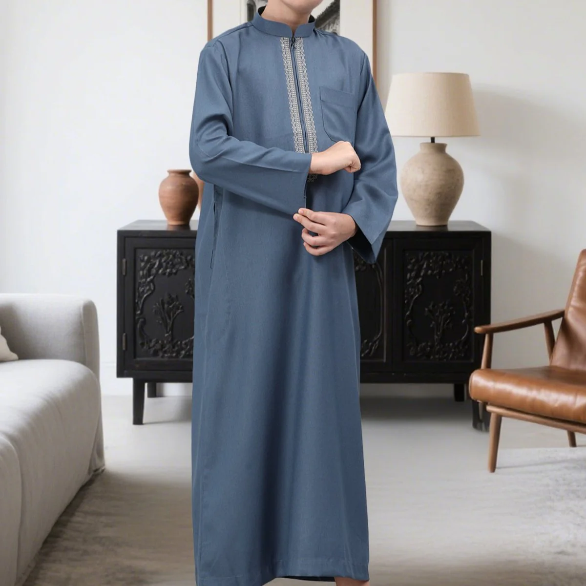 Muslim Boys Embroidered Thobe with Pockets (MKB013) - Image 19