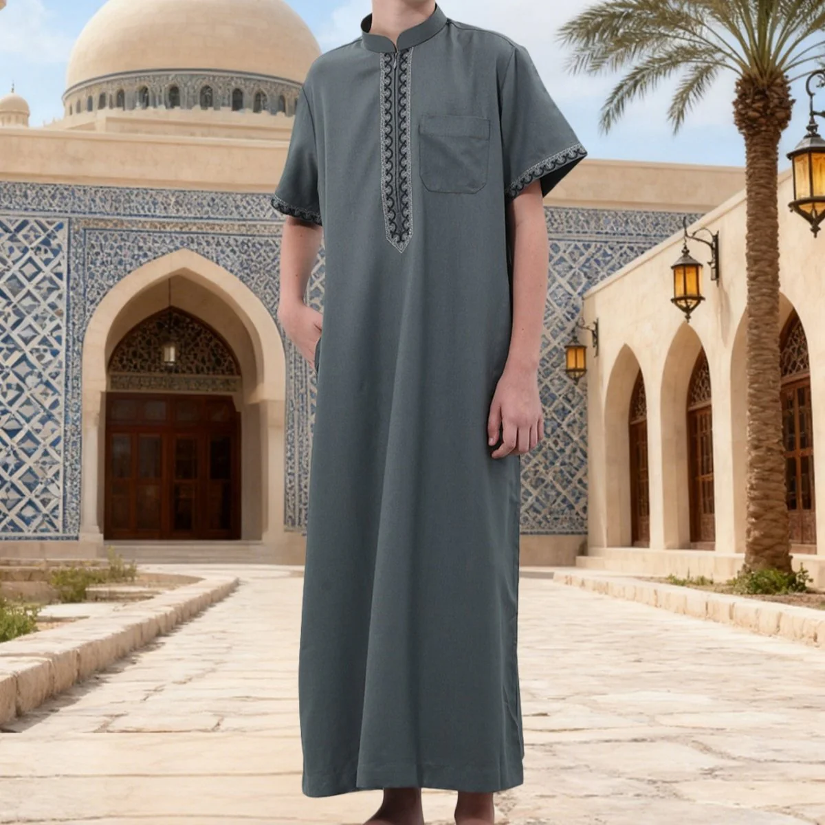 Muslim Boys Embroidered Thobe with Pockets (MKB013) - Image 2