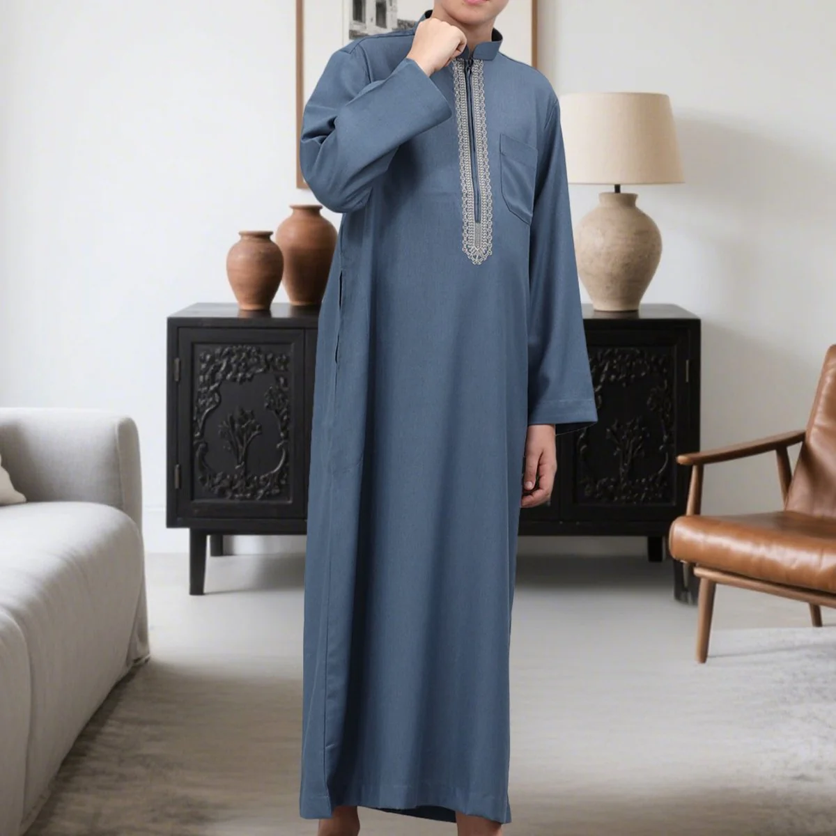 Muslim Boys Embroidered Thobe with Pockets (MKB013) - Image 20