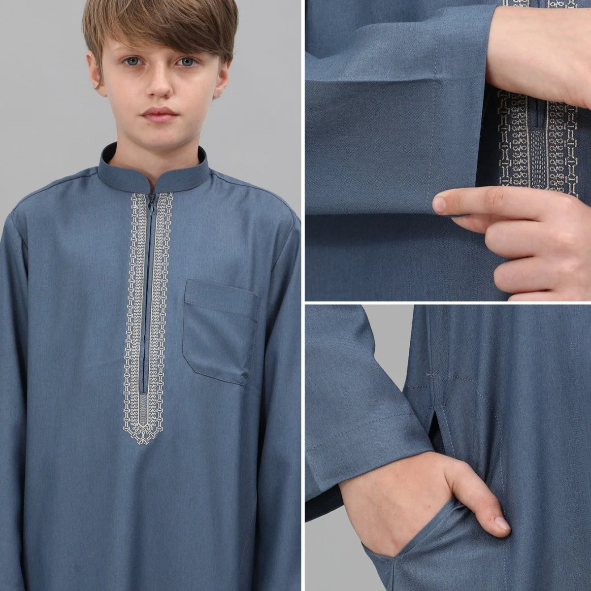 Muslim Boys Embroidered Thobe with Pockets (MKB013) - Image 22