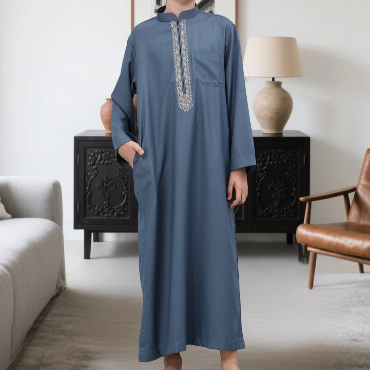 Muslim Boys Embroidered Thobe with Pockets (MKB013) - Image 3