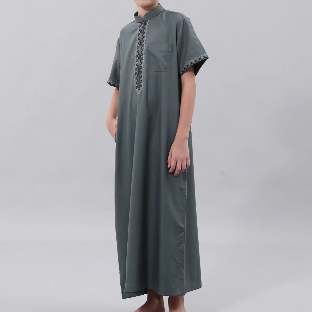 Muslim Boys Embroidered Thobe with Pockets (MKB013) - Image 9