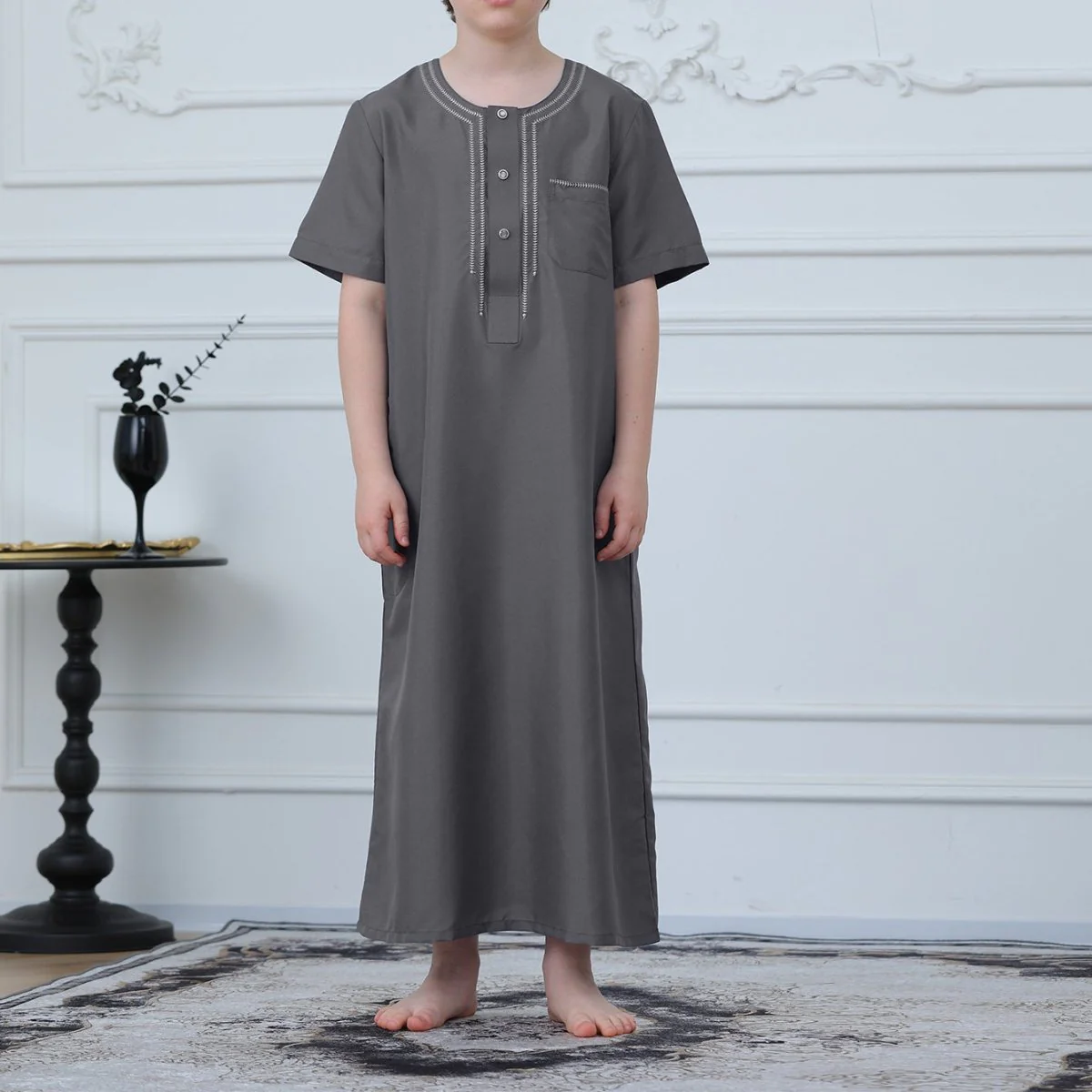 Muslim Boys Short Sleeve Embroidered Thobe with Pockets (MKB015) - Image 2