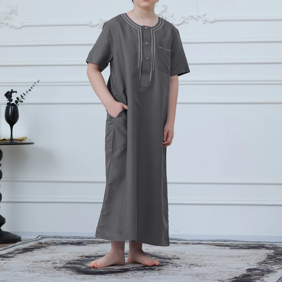 Muslim Boys Short Sleeve Embroidered Thobe with Pockets (MKB015) - Image 4