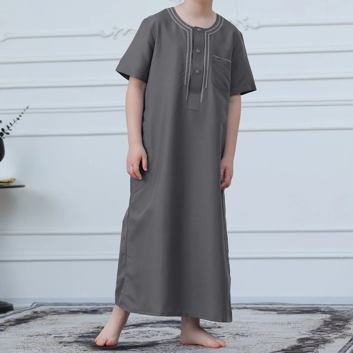 Muslim Boys Short Sleeve Embroidered Thobe with Pockets (MKB015) - Image 5