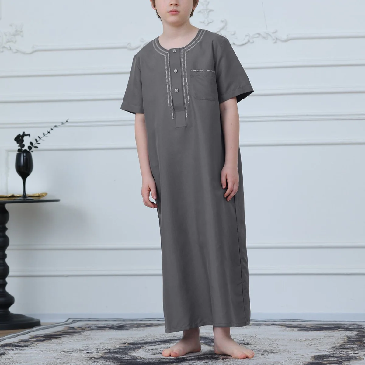 Muslim Boys Short Sleeve Embroidered Thobe with Pockets (MKB015) - Image 6