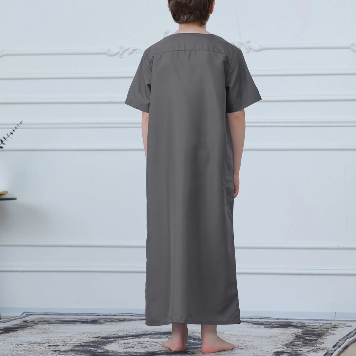 Muslim Boys Short Sleeve Embroidered Thobe with Pockets (MKB015) - Image 7