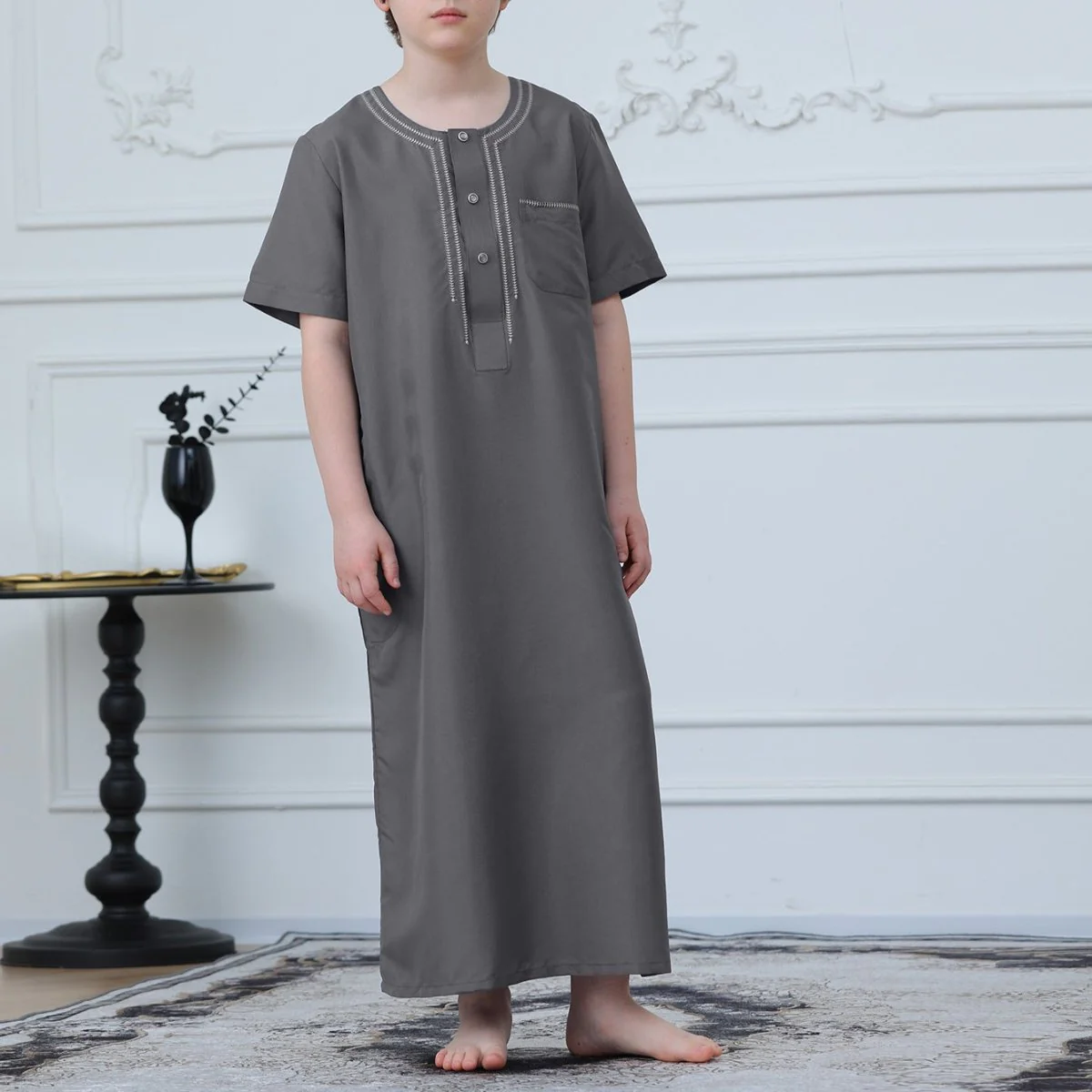 Muslim Boys Short Sleeve Embroidered Thobe with Pockets (MKB015) - Image 8