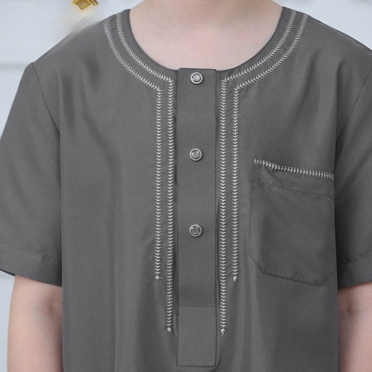 Muslim Boys Short Sleeve Embroidered Thobe with Pockets (MKB015) - Image 9
