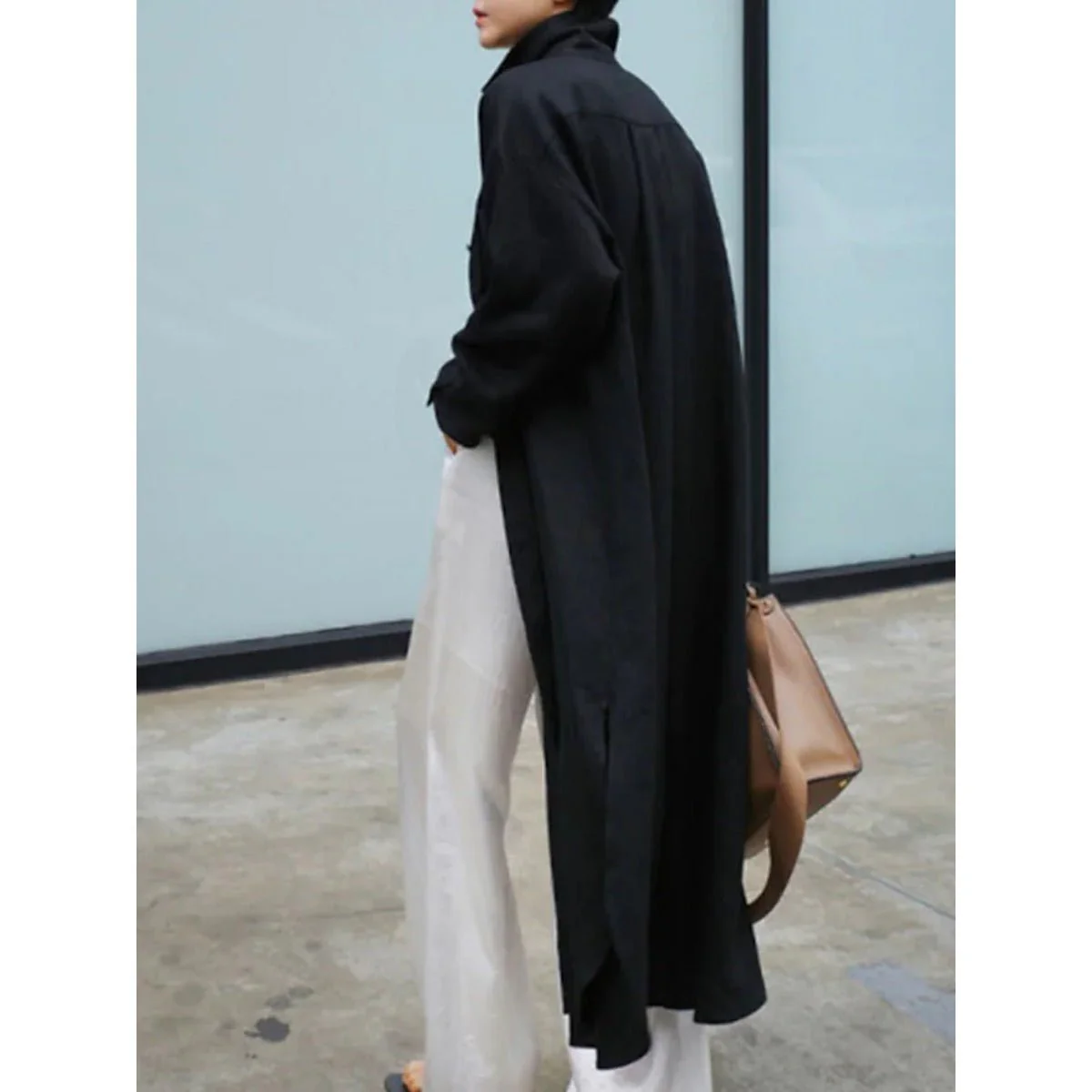 Muslim Casual Elegance Linen-Blend Shirt Dress | Modest Maxi with Button Front & Side Slits (MS096) - Image 10