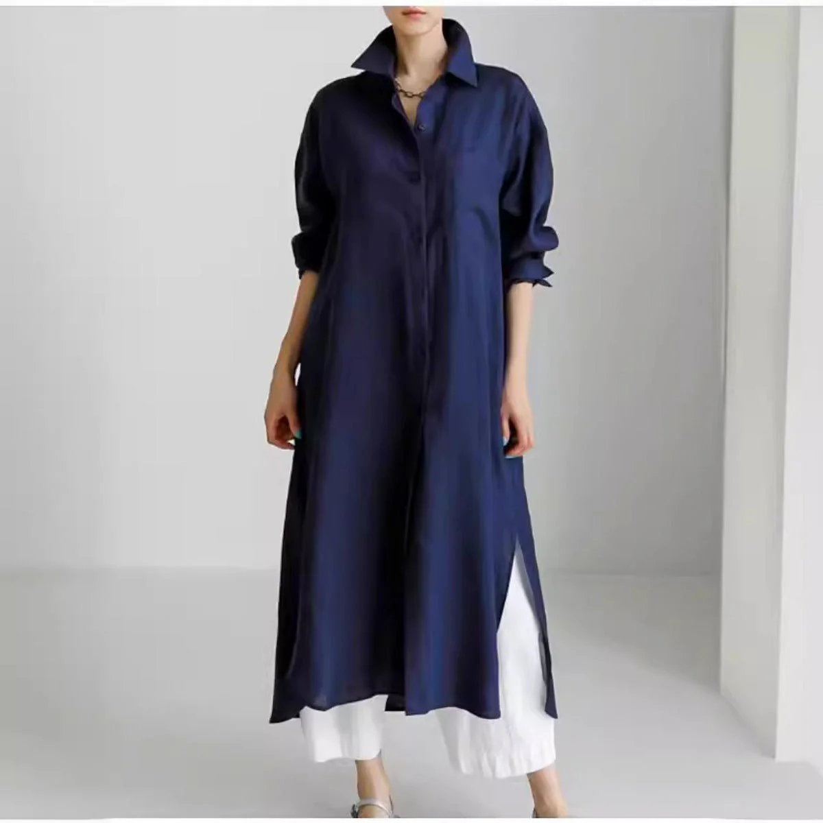 Muslim Casual Elegance Linen-Blend Shirt Dress | Modest Maxi with Button Front & Side Slits (MS096) - Image 11