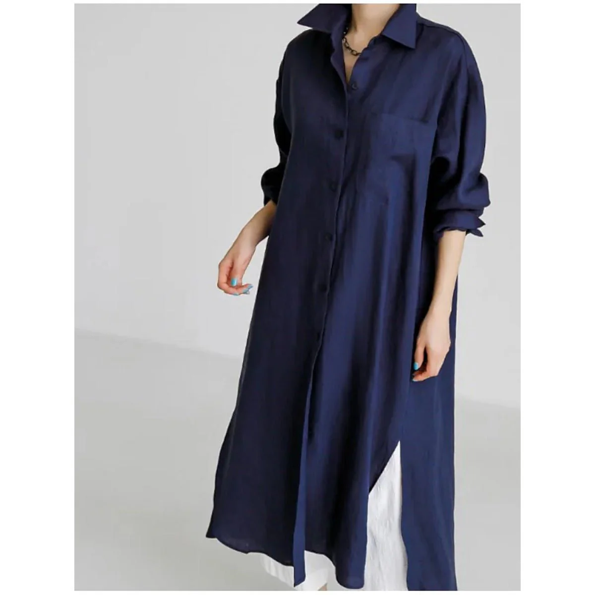 Muslim Casual Elegance Linen-Blend Shirt Dress | Modest Maxi with Button Front & Side Slits (MS096) - Image 12