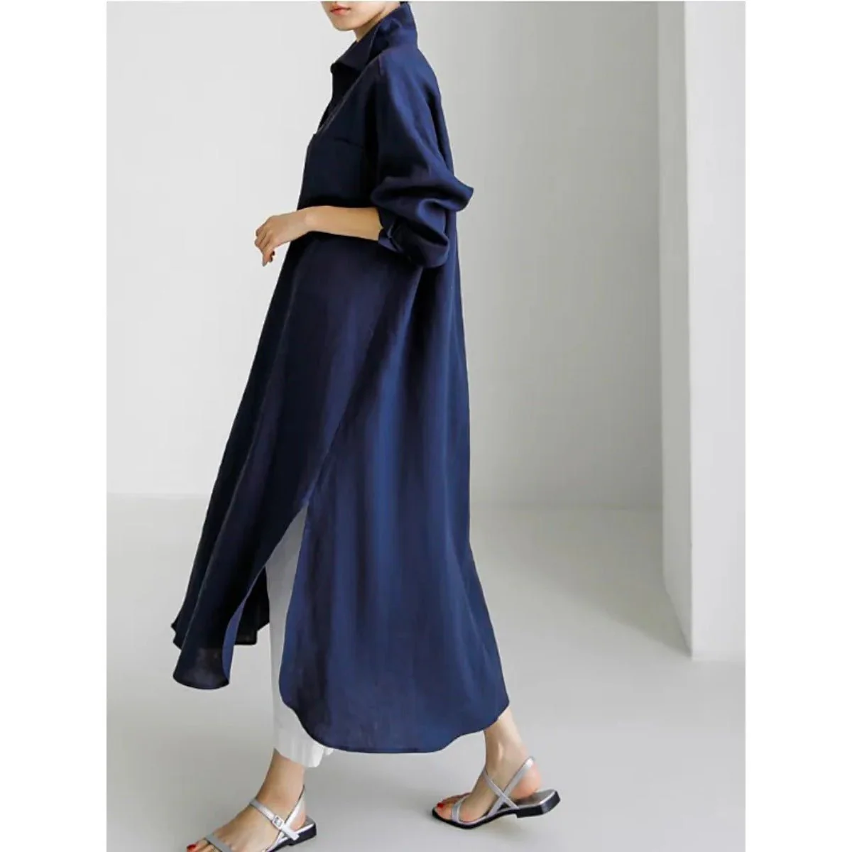Muslim Casual Elegance Linen-Blend Shirt Dress | Modest Maxi with Button Front & Side Slits (MS096) - Image 13