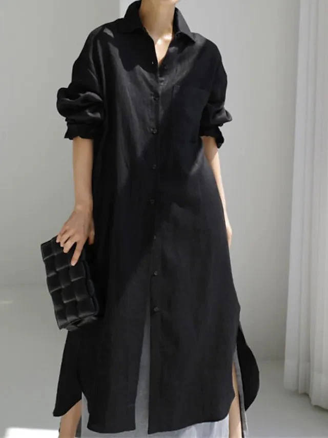 Muslim Casual Elegance Linen-Blend Shirt Dress | Modest Maxi with Button Front & Side Slits (MS096) - Image 15
