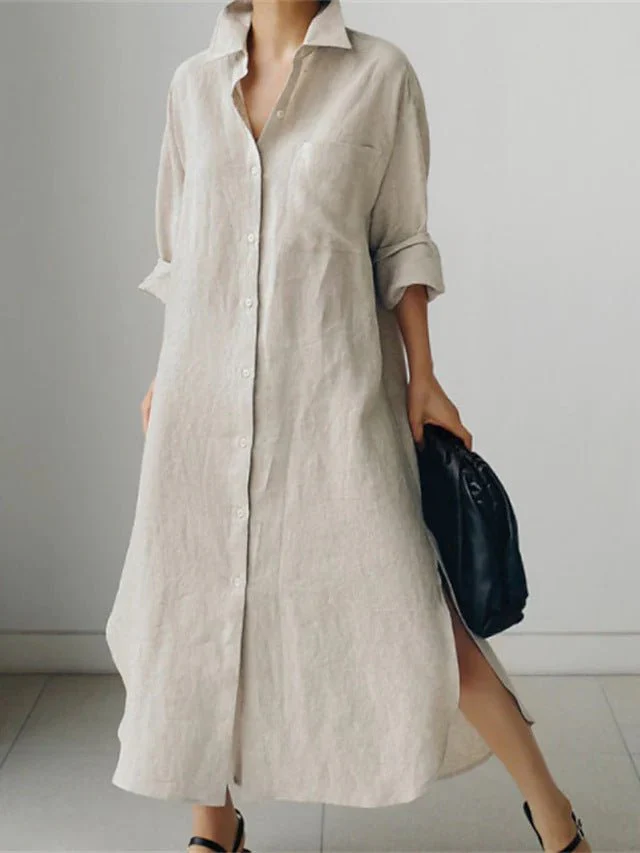 Muslim Casual Elegance Linen-Blend Shirt Dress | Modest Maxi with Button Front & Side Slits (MS096) - Image 16