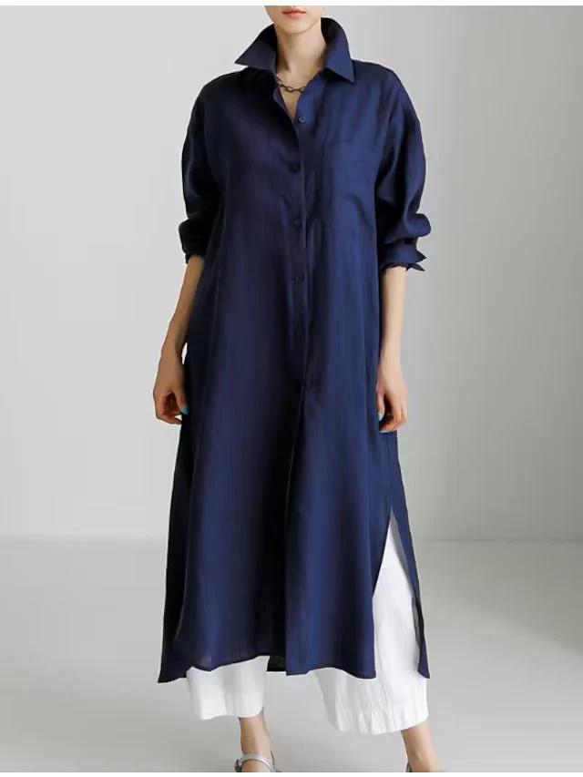 Muslim Casual Elegance Linen-Blend Shirt Dress | Modest Maxi with Button Front & Side Slits (MS096) - Image 17