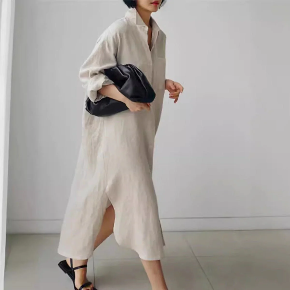 Muslim Casual Elegance Linen-Blend Shirt Dress | Modest Maxi with Button Front & Side Slits (MS096) - Image 2
