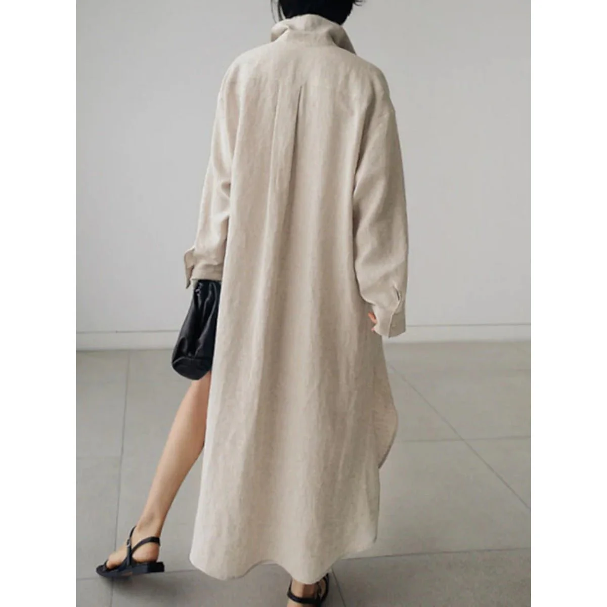 Muslim Casual Elegance Linen-Blend Shirt Dress | Modest Maxi with Button Front & Side Slits (MS096) - Image 3