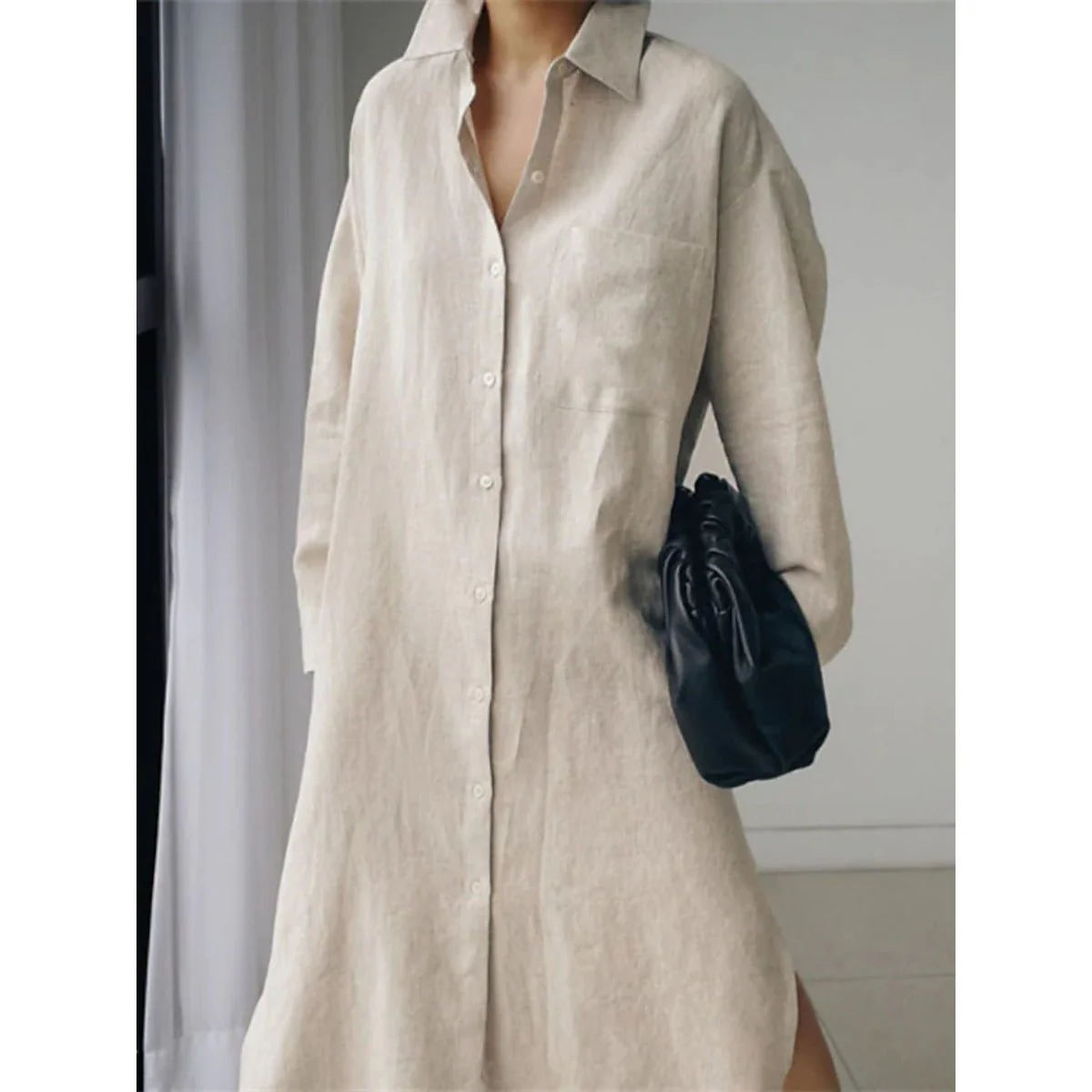 Muslim Casual Elegance Linen-Blend Shirt Dress | Modest Maxi with Button Front & Side Slits (MS096) - Image 4