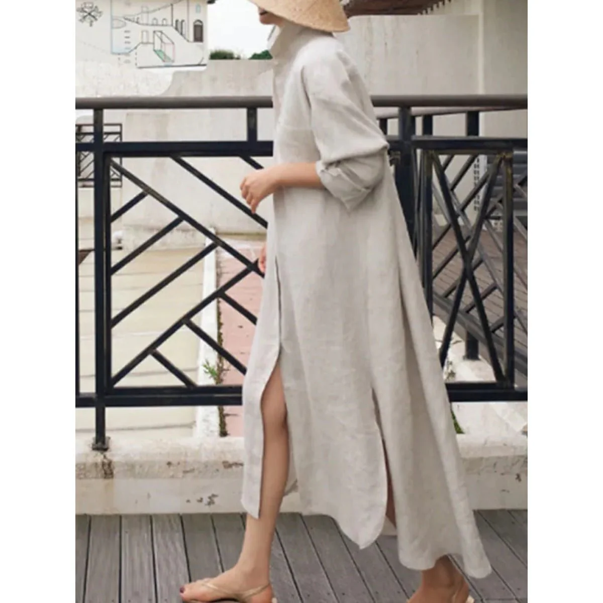 Muslim Casual Elegance Linen-Blend Shirt Dress | Modest Maxi with Button Front & Side Slits (MS096) - Image 5