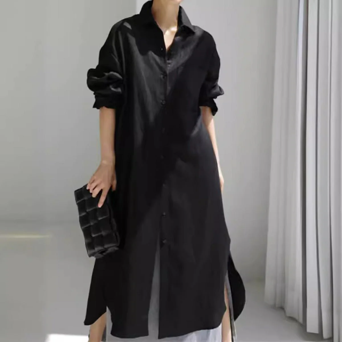 Muslim Casual Elegance Linen-Blend Shirt Dress | Modest Maxi with Button Front & Side Slits (MS096) - Image 6