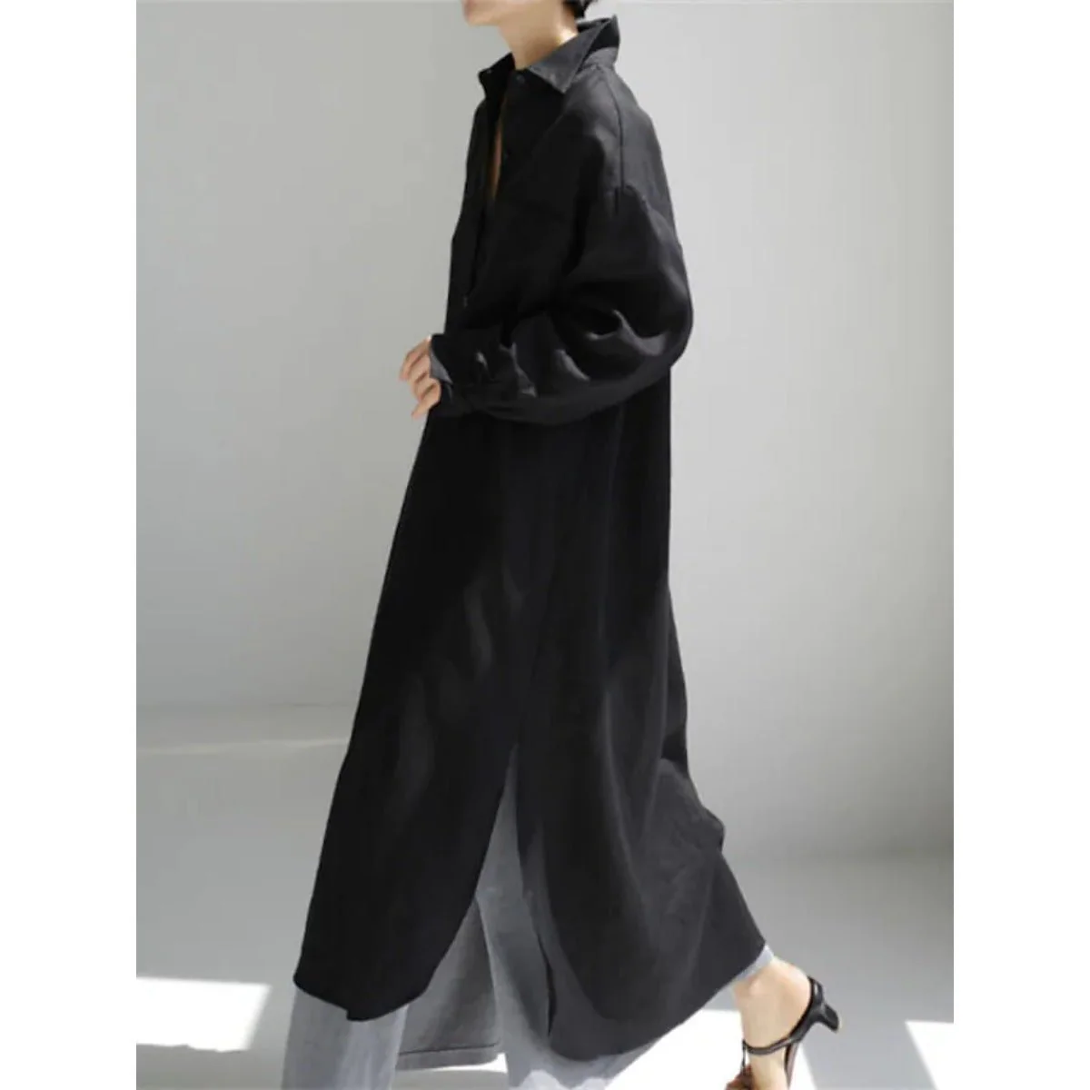 Muslim Casual Elegance Linen-Blend Shirt Dress | Modest Maxi with Button Front & Side Slits (MS096) - Image 7