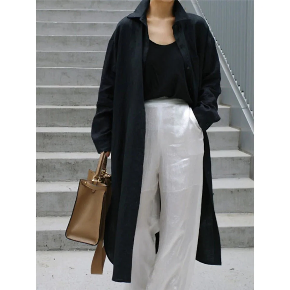 Muslim Casual Elegance Linen-Blend Shirt Dress | Modest Maxi with Button Front & Side Slits (MS096) - Image 8