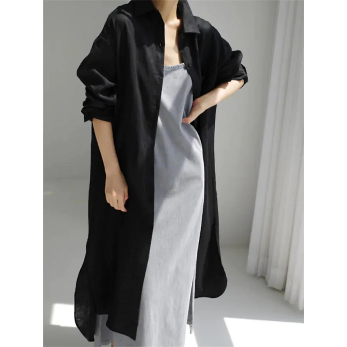Muslim Casual Elegance Linen-Blend Shirt Dress | Modest Maxi with Button Front & Side Slits (MS096) - Image 9